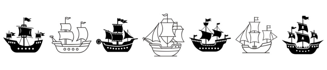 Collection of monochrome vector drawings of old sailing ships of different styles