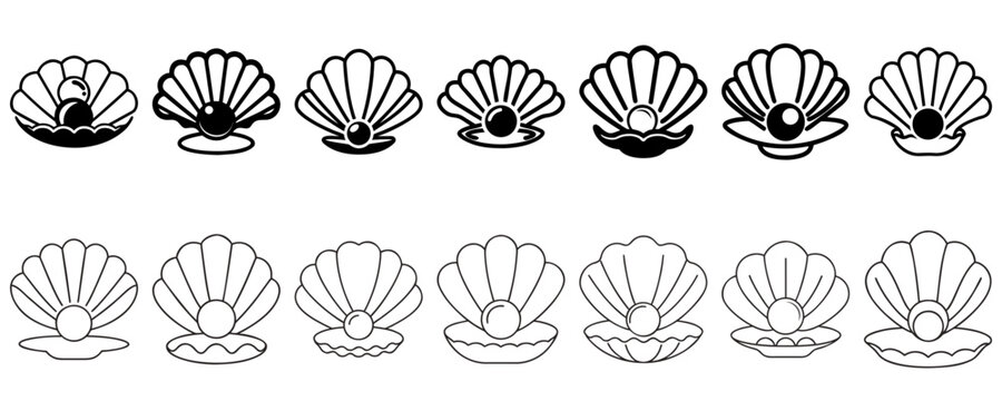 Collection of elegant seashell illustrations with pearls in outline and silhouette