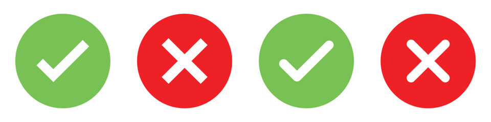 Set green approval check mark and red cross icons in circle and square, checklist signs, flat checkmark approval badge, isolated tick symbols