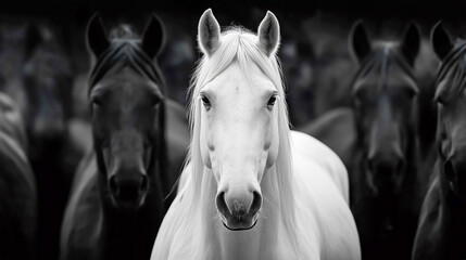 Obraz premium Striking white stallion standing confidently among dark horses in dramatic contrast