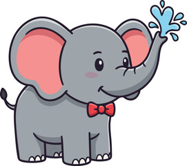 Fototapeta premium Cute cartoon elephant spraying water from trunk wearing red bow tie playful animal vector illustration 