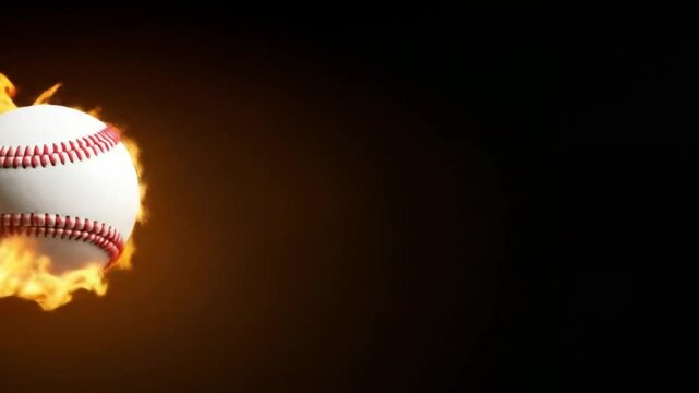 A baseball ablaze with flames and motion against a black background