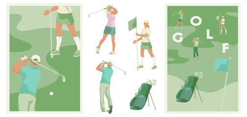 set of Golf posters and elements, Vector illustration of golf game, golfer, ball with club and hole, golf course