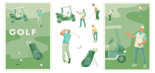 set of Golf posters and elements, Vector illustration of golf game, golfer, ball with club and hole, golf course, golf car