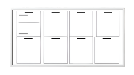 A white framed cabinet with eight doors and one section with shelves in a minimalist style design