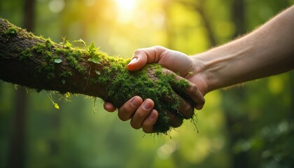 Human hand shakes branch covered in moss and plants, symbolizing nature partnership and environmental protection. This image represents unity, teamwork, and eco-friendly concepts.