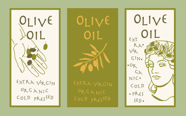 Olive oil label. Hand drawn olive tree branche with leaves and olives, hand with olives,  head of an antique statue.  Organic or artisanal product labels, branding, food packaging