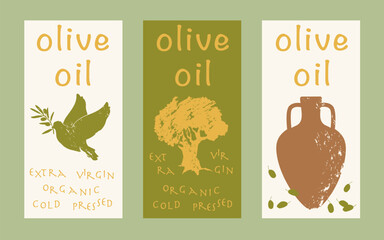 Olive oil label. Hand drawn olive tree,  dove with olive branch, amphora. Organic or artisanal product labels, branding, food packaging