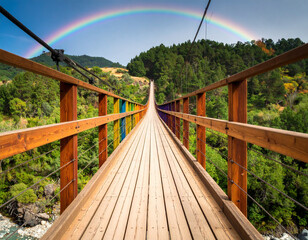 A vibrant abstract rainbow bridge connecting two disparate, blurred landscapes, representing bridging divides and access.