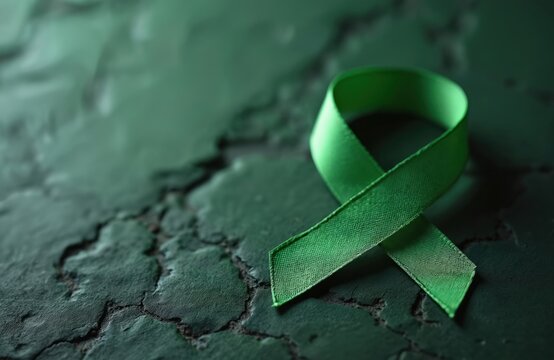 Green awareness ribbon on a dark textured surface, symbolizing mental health and various causes. Offers copy space for awareness campaigns, support messages, and event promotions. - Powered by Adobe