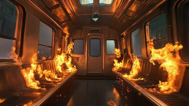 The interior of a subway train is engulfed in flames, with fire spreading across empty seats. Captured in a dramatic dolly zoom, the scene portrays chaos, danger, and urban destruction.