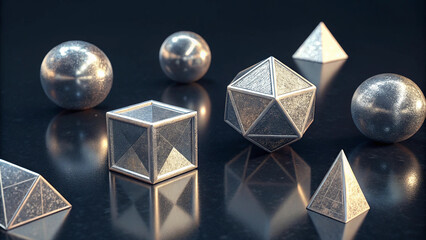 Collection of metallic geometric shapes including spheres cubes and pyramids on a reflective surface