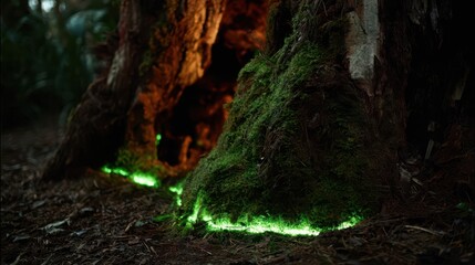 Moss-covered tree trunk highlighted by luminous green lines.