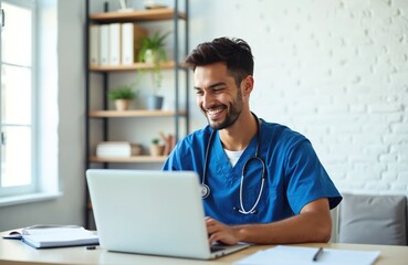 Handsome medical student laughs working on laptop. Latin American man in blue scrubs with stethoscope studies medicine. Online health care consultation via computer. Pro doctor discussing diagnosis.