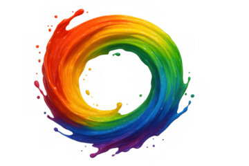 Colorful paint forming a vibrant, swirling circle, with droplets splashing outwards, against a transparent background