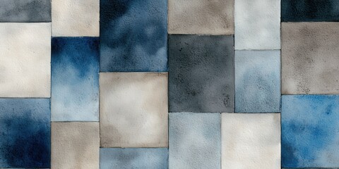 Fototapeta premium Minimalist rectangular grid pattern in light gray and shades of blue watercolor washes