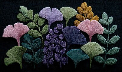 Raised embroidered crochet knit pattern of rosemary, mint, lavender, and ginkgo on black