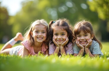 Three smiling girls of Asian, Indian, European descent lie on green summer lawn on International Children Day. Rest heads on hands, looking at camera with happy expressions in sunny backyard.