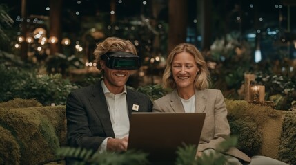 Two coworkers sitting on green couch with laptop, one wearing VR headset, collaborating in eco-friendly office surrounded by plants