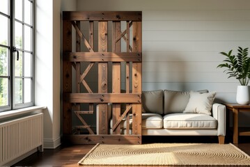 A bright living room featuring a wooden bookshelf, beige sofa, and a patterned rug. Reuse of wooden pallets, care for the environment. secondary raw materials and recycling