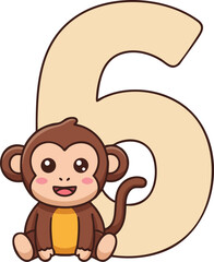 Obraz premium Cute monkey sitting beside beige number six cartoon style playful illustration for children learning numbers and animals fun design 
