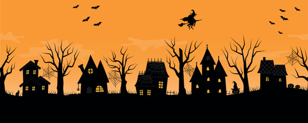 Halloween Houses. Seamless Border. Scary Village. Black Silhouettes of Houses, Trees on Orange Background. Wittch on Broom, Bats, Pumpkins, Black Cat, Spider Web. Vector Illustration