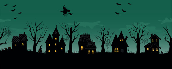 Halloween Houses. Seamless Border. Scary Village. Black Silhouettes of Houses, Trees on Green Background. Wittch on Broom, Bats, Pumpkins, Black Cat, Spider Web. Vector Illustration