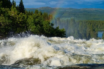 beautiful powerfull waterfall tannforsen in sweden