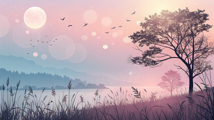 Serene landscape with a large moon flying birds and silhouetted trees at dawn or dusk