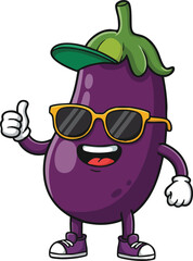 Fototapeta premium Cool eggplant character wearing sunglasses and hat giving thumbs up vector illustration 