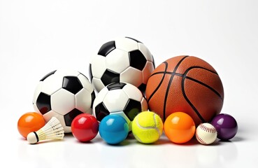 Collection of various sports equipment including soccer balls, basketball, tennis ball, shuttlecock, colorful balls. Represents teamwork, fitness, competition, healthy lifestyle. Ideal for sports