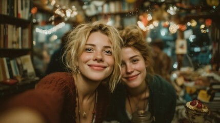 Two cheerful young women pose closely for a joyful selfie in a cozy book-filled cafe adorned with lights, celebrating warm friendship