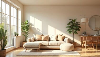 Beige home interior features comfortable living, dining zones. Modern design with natural light flooding through large window. Mockup wall space, wooden furniture create elegant, relaxing atmosphere
