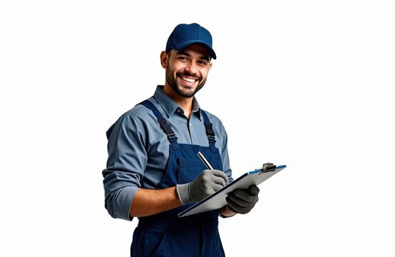 Smiling mechanic in blue overalls and cap holds clipboard, writing notes. He wears grey gloves for protection. This caucasian man works in auto repair, providing maintenance service.