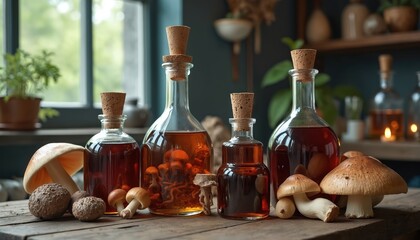Several glass bottles filled with amber liquid, whole mushrooms, corked, sit on wooden table. Fresh mushrooms, earthy roots surround bottles. Natural remedy, potent elixir, organic supplement, health