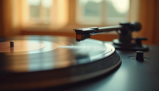 Close-up of vintage record player with needle on vinyl disc. Retro analog audio device spins music, evoking nostalgia for audiophiles, music lovers. Perfect for home decor, classic sound system.