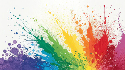 Vibrant rainbow paint splatters exploding on a clean white background