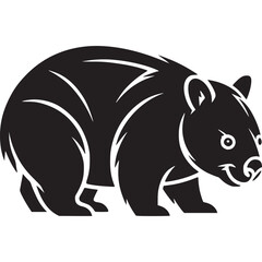 Illustration of a stylized black bear with white details on a light gray background in side view on transparent background