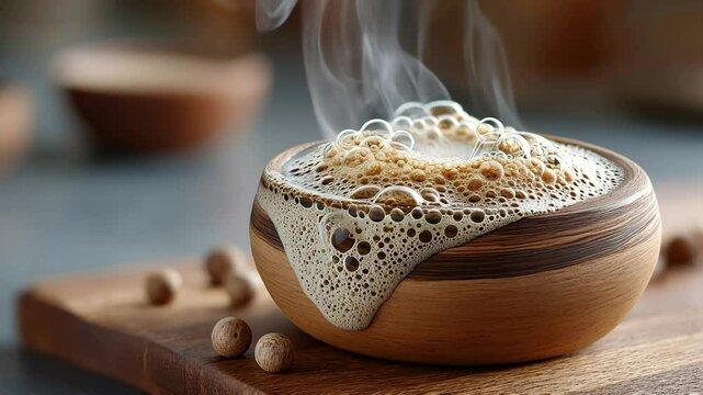 Steaming sour teff injera batter overflows with bubbles in a handcrafted wooden bowl, showcasing the fermentation process in a close-up macro scene rich with texture and natural warmth.