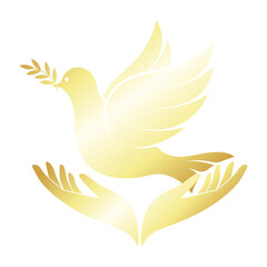Golden praying hands and dove of peace with branch
