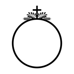 Round black frame with Christian cross and plant leaves