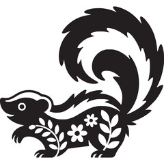 A stylized black and white skunk with floral patterns on its body and a curled striped tail design on transparent background