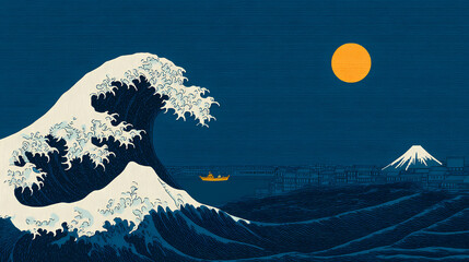 Hokusai Great Wave Kanagawa Inspired Art Japanese Seascape Classic Woodblock Print Ocean Art Powerful Wave Illustration Vintage Japanese Artwork Nautical Theme Design
