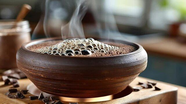 Fermenting teff injera batter bubbles actively in a rustic clay pot, releasing steam in a close-up macro shot that highlights the traditional sourdough process and rich texture.