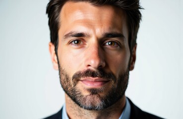 Obraz premium Confident man with dark hair and beard looking directly at the camera