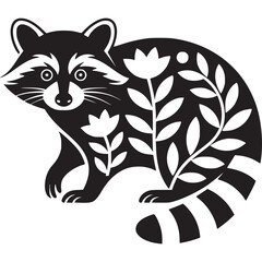 A stylized black and white illustration of a raccoon with floral patterns on its body design on transparent background