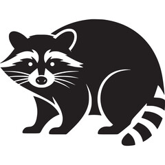 A stylized black and white illustration of a raccoon standing on a white background looking forward on transparent background