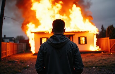 A man stands in front of a house engulfed in flames during a fire emergency