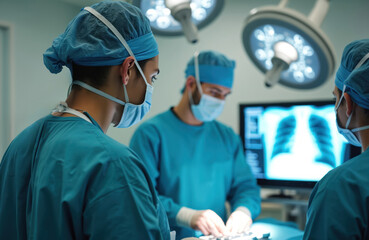 Surgeons in blue scrubs, masks work in operating room with lung x-ray display. Medical team performs surgery on patient with suspected tumor. Advanced technology in modern hospital provides expert