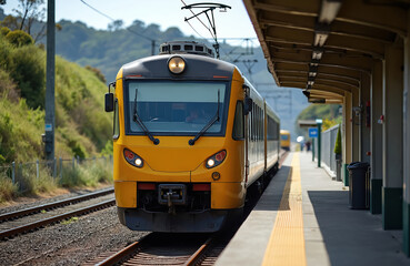 Yellow commuter train arriving at Paekakariki Station under sunny skies. Electric locomotive on railroad tracks with platform, overhead wires visible. Public transit vehicle journey signifies daily